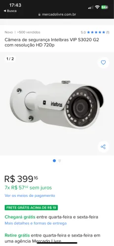 Câmeras Intelbras = 02 por 320,00 (produto novo)