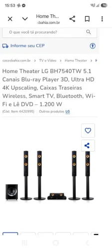 Home Theater LG Bh7540tw 1200wrms /3d / Dvd/ Blu-ray/ Wi-fi Bluetooth , Wireless