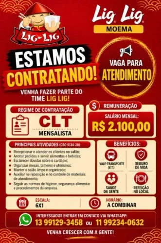 Vaga Atendente Masculino, início imediato 