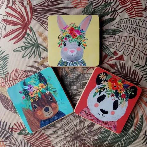 Porta copos/quadro bichos floresta - madeira