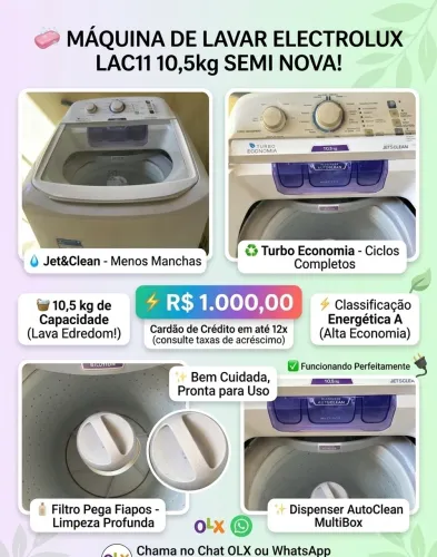 Máquina de Lavar Electrolux 10,5 kg Semi Nova - R$ 1.000