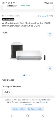 AR CONDICIONADO ELETROLUX 12 BTUS Q/F