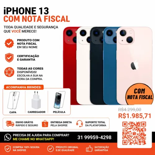 Celular iPhone 13 (128GB) 100% Original Apple Seminovo Vitrine Bateria 85% a 100% NF