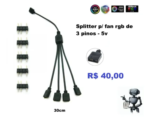 Splitter p/ 5 fans RGB 5v 3 pinos R$ 40,00