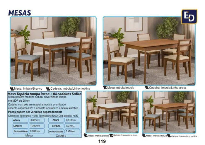 Mesa Topázio tampo lacca + 4 Cadeiras Safira