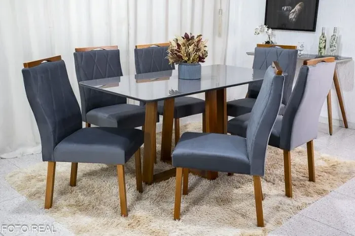 Mesa de Jantar 160x80 Vidro Grafite com 6 Cadeiras Veludo Cinza