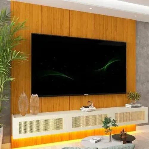 Estante Home até 90 Polegadas 100% MDF Led Realce Native Naturale/Off White Creme<br><br>