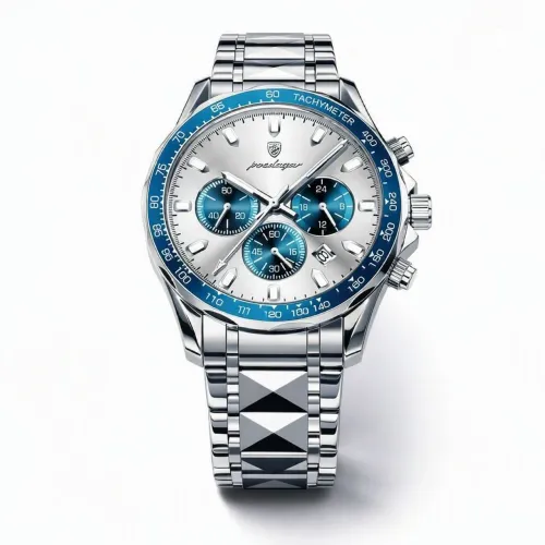 Poedagar Deluxe Inox 815 Silver White C Cronógrafo Pulseira Inox Imponente 44mm Bisel Azul
