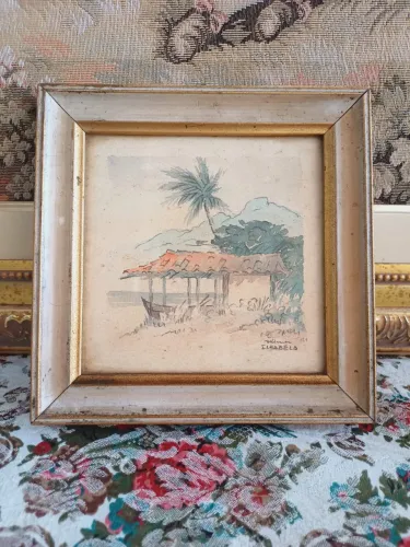 Quadro aquarela Ilhabela antigo uns 25cm