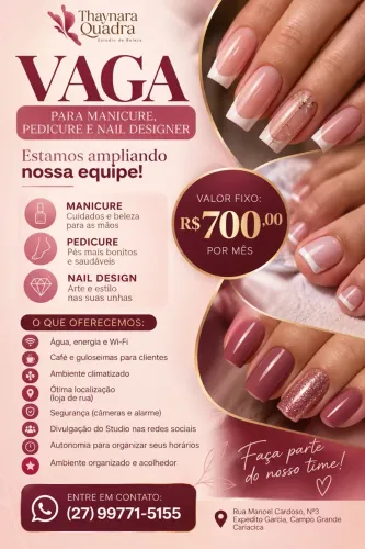 Vaga para manicure e Nail Desing