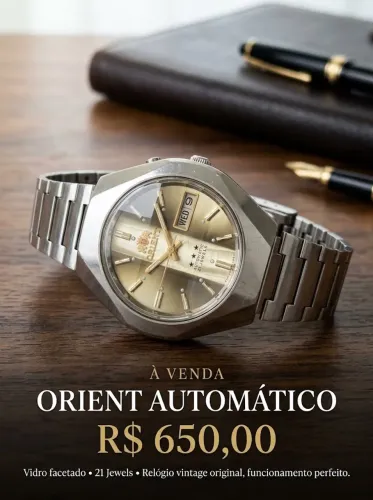 Relógio Orient Automático 3 Estrelas Vintage - Vidro Facetado / Dial Champanhe Dourado