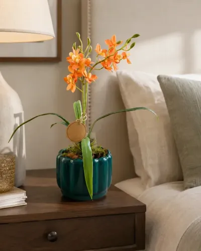 Arranjo de Orquídea Artificial Alaranjada - Vaso de Cerâmica Verde Esmeralda Canelado