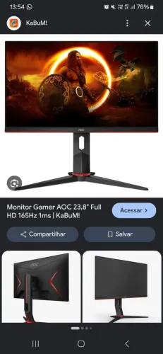 Monitor Gamer AOC 23,8" 165Hz (AOC Hero) - Para Peças / Sucata / Reparação