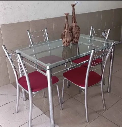 Conjunto mesa sala de jantar de vidro 4 cadeiras