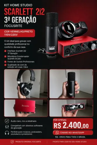 Kit Home Studio Focusrite Scarlett 2i2 3ª Geração - Completo