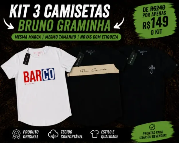 KIT 3 CAMISETAS BRUNO GRAMINHA - TAMANHO M - NOVAS COM ETIQUETA