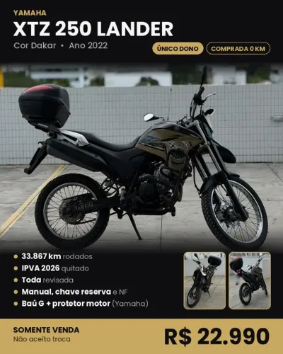 Vendo Yamaha XTZ 250 Lander 2022, cor Dakar. Comprei zero km e sou o único dono.