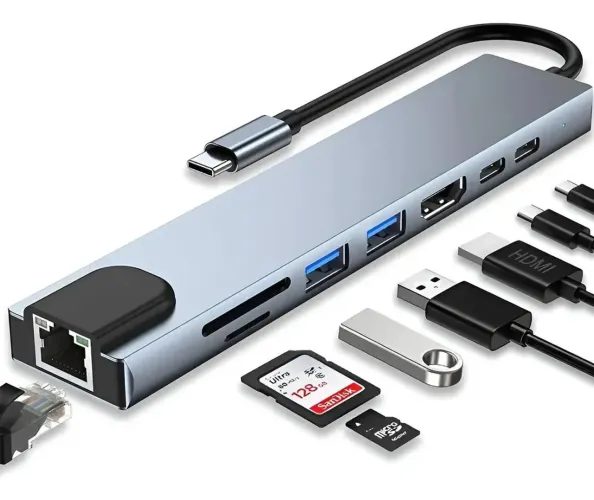 Hub 8 Em 1 Multifuncional Usb-c Hdmi 4k Rj45 Tf Sd