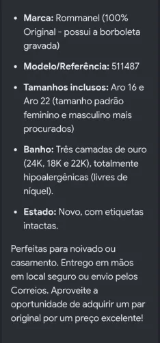 Aliança Rommanel nova número 16 e 22