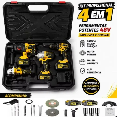 Kit 4 Ferramentas 48V com Baterias Duplas para Perfuração, Corte e Manutenção Geral