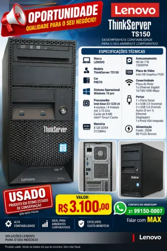 Servidor Lenovo ThinkServer TS150 V5 Win Server 2016
