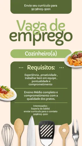 Vaga de emprego para Cozinheiro(a) e auxiliar de cozinha 