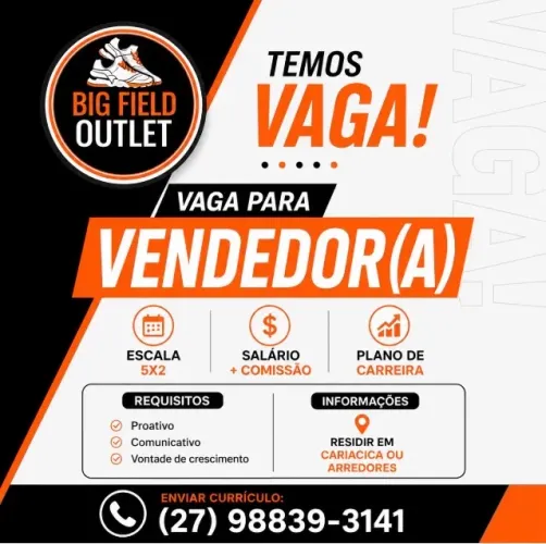 VAGA PARA VENDEDOR (A) EM CAMPO GRANDE CARIACICA 5X2