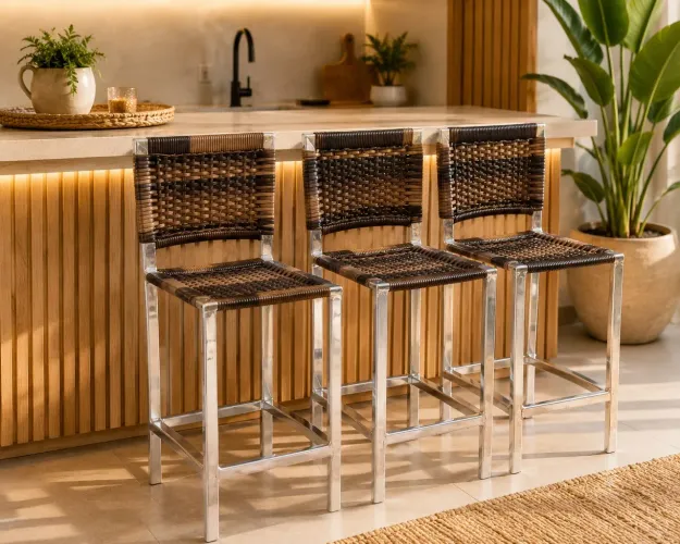 Conjunto 3 Banquetas Altas em Alumínio e Fibra Sintética - Área Gourmet