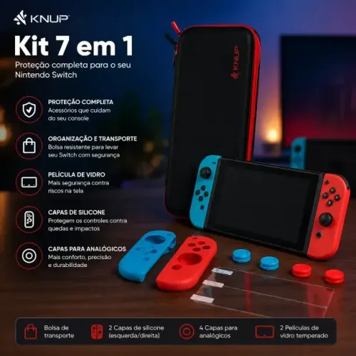 Kit 7 Em 1 Para Nintendo Switch Bolsa Capa Película De Vidro