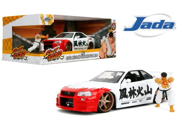 Miniatura Nissan Skyline GT-R R34 Street Fighter + Action Figure Ryu - Jada Toys