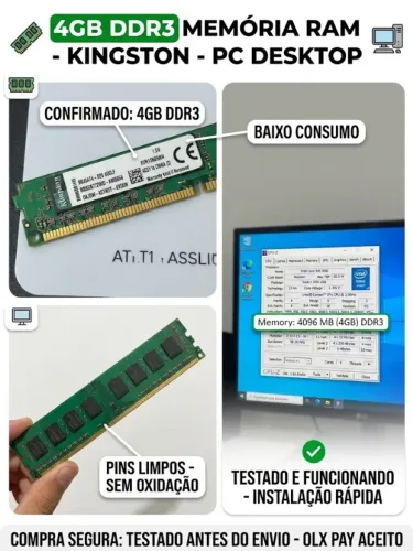 Memória Kingston 4GB DDR3 1333MHz PC Desktop - Testada e OK PRA SAIR LOGO