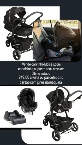 Carrinho de Bebê 3 em 1 com Moisés, Bebê Conforto e Base para Carro - Semi Novo
