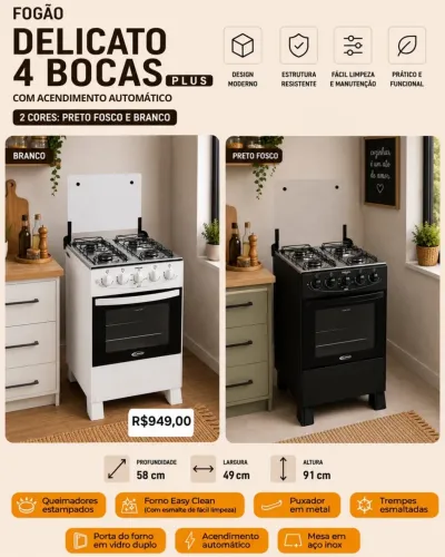 FOGÃO DELICATO 4 BOCAS PLUS COM ACENDIMENTO AUTOMÁTICO 2 CORES: PRETO FOSCO E BRANCO