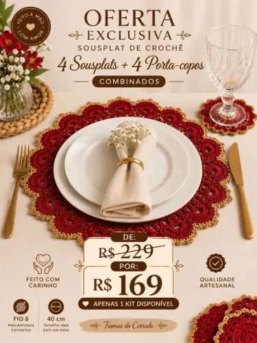 Kit 4 Sousplats de crochê + 4 porta copos combinados