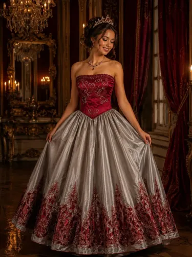 Vestido vintage prateado e vermelho com bordados