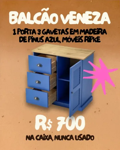 Balcão Veneza - 1 Porta 3 Gavetas em Madeira de Pinus Azul, Móveis Ripke