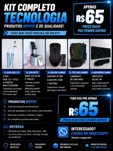 Kit Gamer Completo 5 Itens - Mouse, Teclado, Mousepad + Acessórios R$65