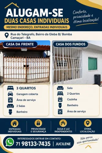 Duas casas para alugar uma de 3 quartos com garagem e outras de 2 quartos sem garagem