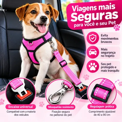 Cinto De Segurança Para Cães Pipo Rosa Ajustável 40 A 90cm