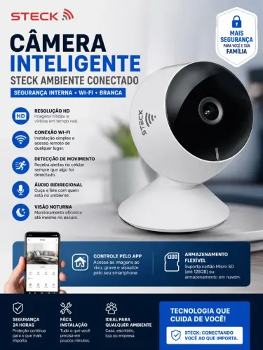 Steck, Câmera Inteligente Steck Ambiente Conectado, Segurança Interna, Wi-Fi, Branca<br>