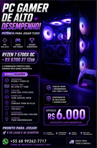 PC gamer Ryzen 7 5700x + RX 6700xt 12gb