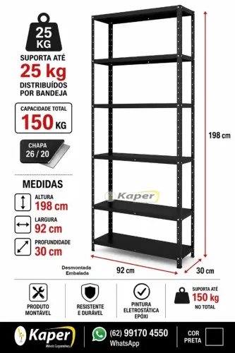 Estante de Aço cor Preta 198cm x 92cm x 30cm c/ 06 bandejas ( novo ) promoção