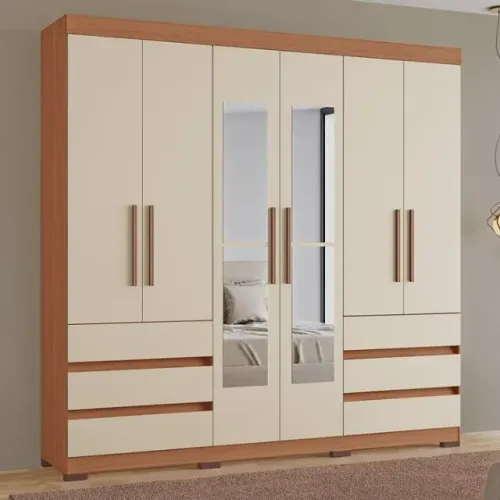 Guarda roupas Panamá 100% Mdf 6 Portas 6 Gavetas Espelho Freijó Off White-Montagem Grátis