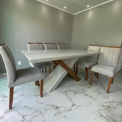 Mesa Imperatriz 180 Canto Reto com 6 Cadeiras Veludo ou Linho