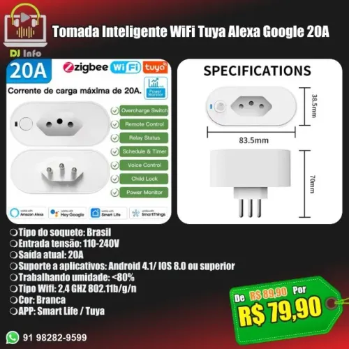 Tomada Inteligente WiFi Tuya Alexa Google 20A