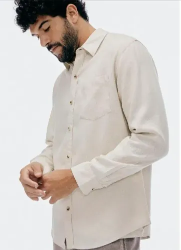 Camisa Básica Masculina Manga Longa Slim Em Linho - Bege