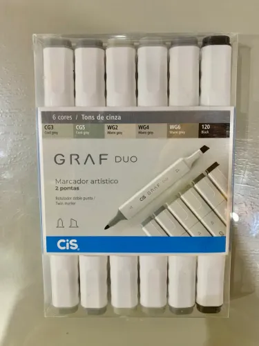 Caneta Marcador Artístico CIS Duo Graf - Tons de cinza / 6 Cores