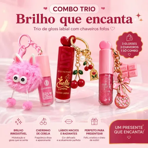 KIT 3 Lip Gloss Chaveiro Cherry + Gloss chaveiro kawaii + Gloss chaveiro chocolate 