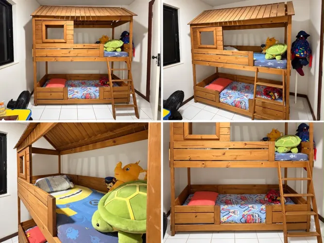 Beliche infantil casinha Tok&Stok de madeira com escada