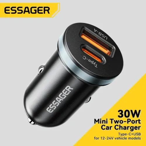 Carregador Veicular Turbo 30W Usb + Usb Tipo C Essager